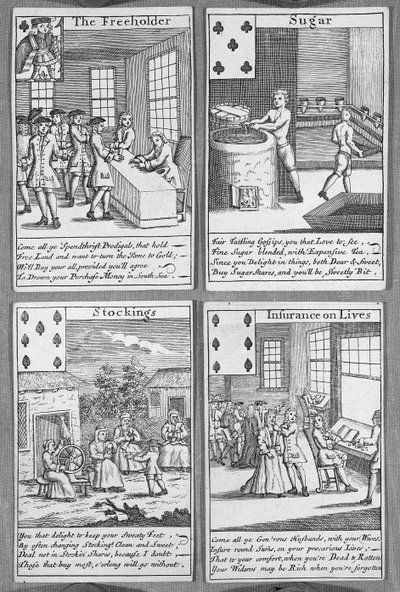 Spielkarten, die aktuelle kommerzielle Unternehmungen darstellen, ca. 1720 von English School